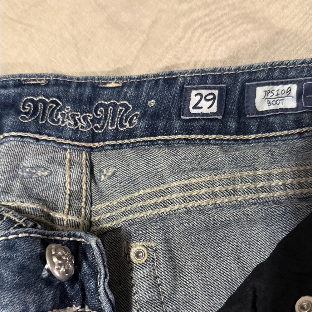 Miss Me Blue Boot Cut Jeans with White embroidery with Jewels - Picture 2 of 5